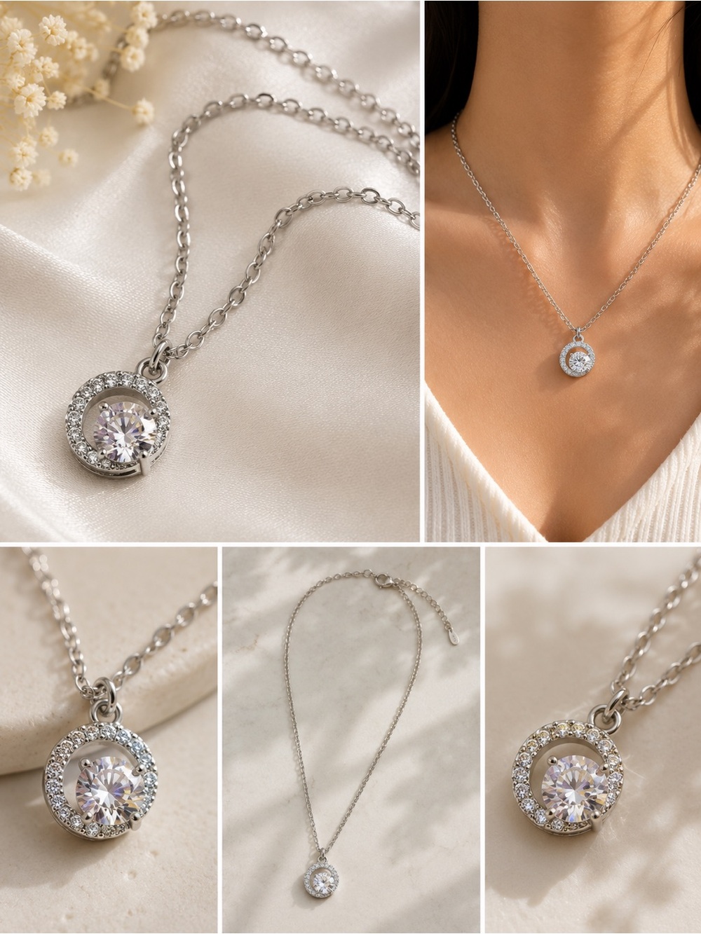 925 Sterling Silver Halo Pendant Necklace - Silver